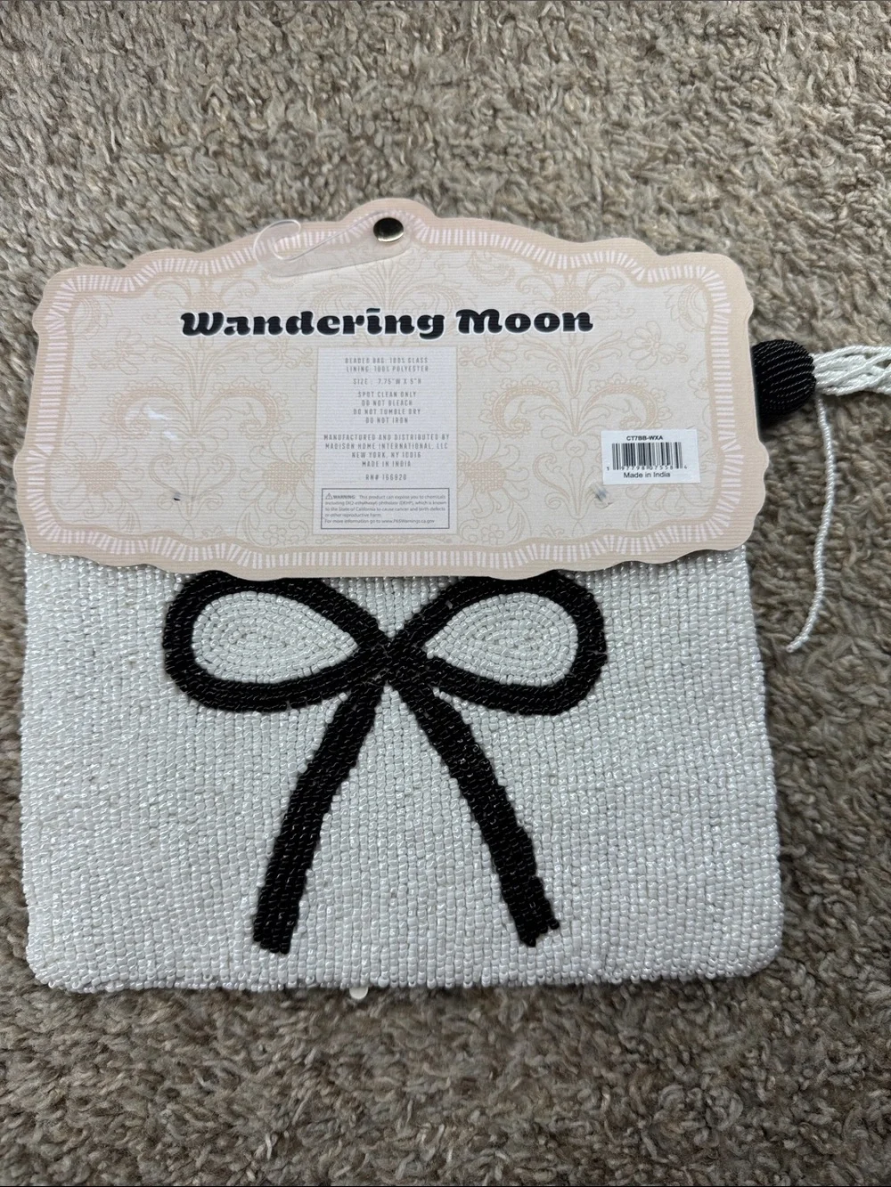 India Hicks White Beaded Pouch with Black Bow Motif